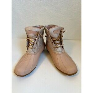 Sperry Glitter Rubber Boot Womens 10 Rose Gold Leather Tie Waterproof Pink STS